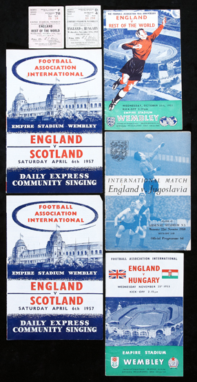 A collection of England international home programmes and ticket stubs dating between 1950 and 1966,