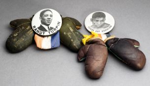 Souvenir mini boxing gloves and pin badges for the Randy Turpin v Sugar Ray Robinson World