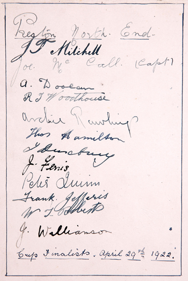 The autographs of the Preston North End 1922 F.A. Cup finalists, in ink on a broad sheet removed