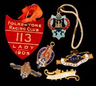 Five gilt-metal & enamel racecourse member`s badges, Sandown Park 1901 and 1912, Gatwick 1905 and