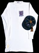 A Graham Pugh England U-23 international cap and jersey from the Wales match in 1969-70, the