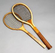 Two junior/child`s-size tennis racquets, the first by an unknown maker, full gut, overall good;