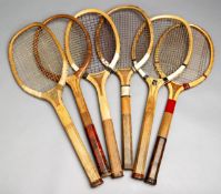 A group of six concave tennis racquets, i) "Uandi Superb", retailer Underwood Ingrey, circa 1920,