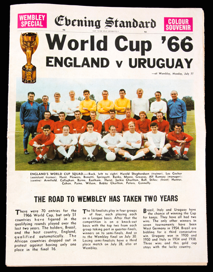 A group of seven London Evening Standard 1966 World Cup special edition newspapers, two being