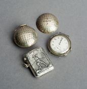 A silver vesta case with golfing decoration, stamped STERLING; sold together with a group of five