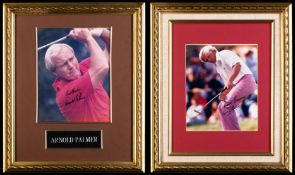 Signed colour photographs of Arnold Palmer and Greg Norman, both signatures in black marker pen, the