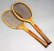 Two `wavy wedge` racquets by George Bussey & Co. Ltd. of London circa 1905, a "Double 4 Main" and