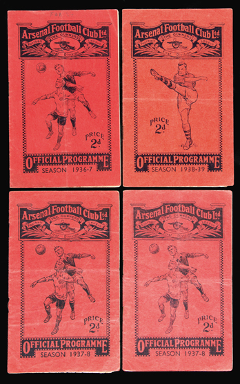 Eight Charlton Athletic away programmes at Arsenal, 1936-37, 1937-38 (two, League & Cup) &1938-39;