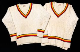 Two Fred Titmus MCC sweaters, long-sleeved, `bacon & egg` trim