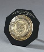 Cyril Knowles` Tottenham Hotspur 1967 Charity Shield plaque, silver octagonal plaque with bakelite