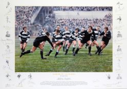 A signed limited edition print portraying `that match` Barbarians v New Zealand played at Cardiff