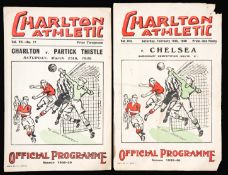 Two Charlton Athletic home programmes, a friendly v Partick Thistle 25th March 1939, and a