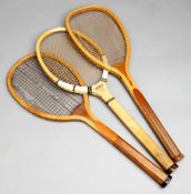 A group of three French tennis racquets, i) F & D "Eureka" transitional flat top circa 1895-1905,