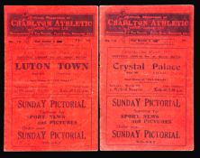 Two Charlton Athletic home programmes season 1928-29, Crystal Palace 2nd March and Luton Town 29th
