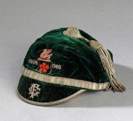 A Leicester RFC rugby cap awarded to Thomas Hogarth in season 1908-09, black with red dragon and