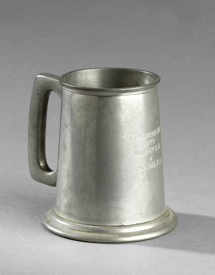 A pewter tankard inscribed for the 1973 Wayfarers Cup Surrey CCC v Chelsea FC