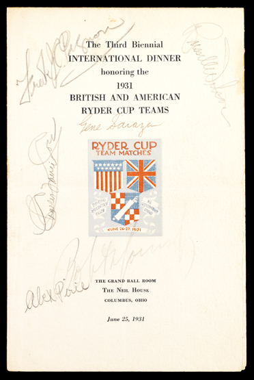 A signed 1931 Ryder Cup dinner menu, held at the Grand Ball Room, The Neil House, Columbus, Ohio,