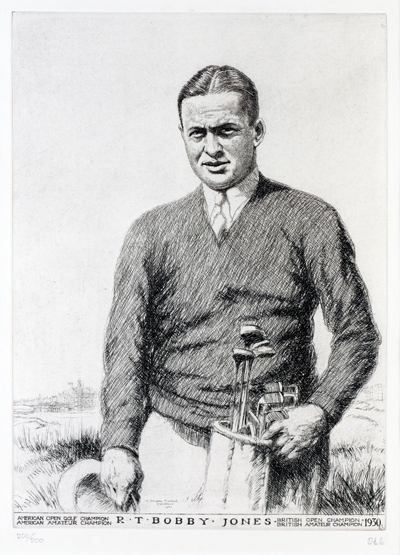 A group of golf prints, a Douglas Macleod print numbered 200/200 titled ‘R.T. “Bobby” Jones 1930’,