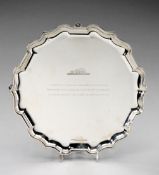 A silver salver inscribed for presentation to Severiano Ballesteros by the President and members
