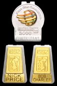 1992 PGA Tour clip badges named to Bob Charles and Nick Price, together with a 2000 Amex World