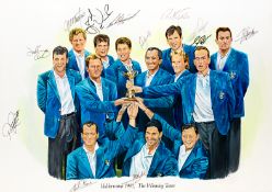 A fully signed original John Clayton artwork of the European 1997 Ryder Cup winning team at