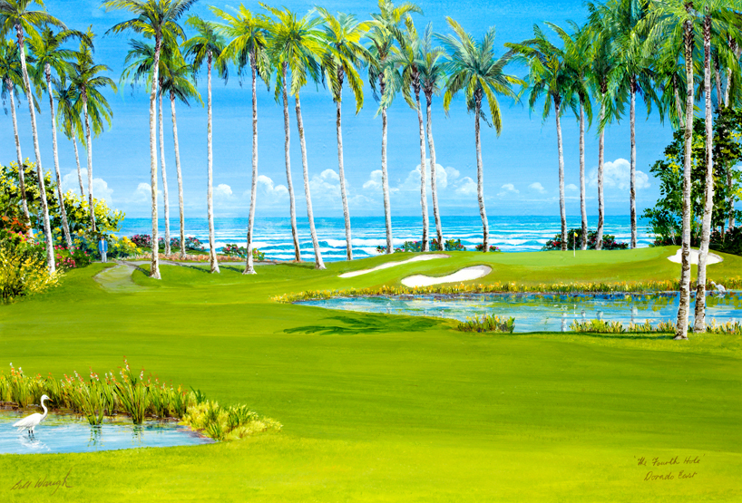 Bill Waugh (contemporary) THE FOURTH HOLE, DORADO EAST signed & titled, watercolour, 34 by 65cm., 13