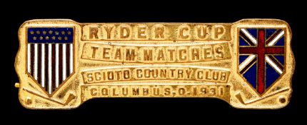 An official badge for the 1931 Ryder Cup at Scioto Country Club, Columbus, Ohio, gilt-metal pin
