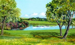 Bill Waugh (contemporary) VIEW OVER THE LAKE TOWARDS THE 1st GREEN AT VALDERRAMA signed & dated ‘97,