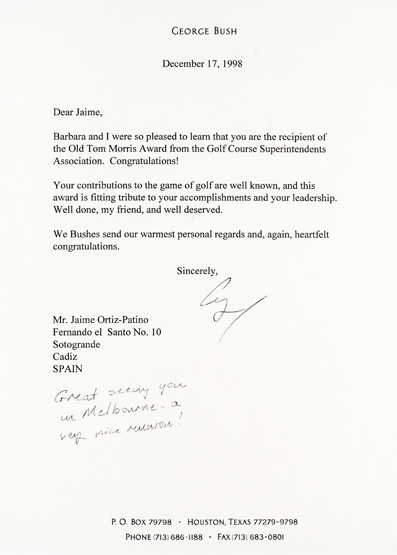 A signed manuscript letter from George H.W. Bush to Jaime Ortiz-Patiño, a signed typescript letter