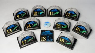 Ten Valderrama tee markers, in marble with a map of the hole, for the 9th to the 18th hole