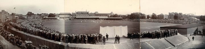 A period panoramic photograph of The Oval cricket ground, printed on three sheets, the scene