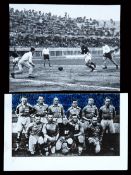 Two original b&w press photographs from the 1934 World Cup, a team-group of the Sweden team, the