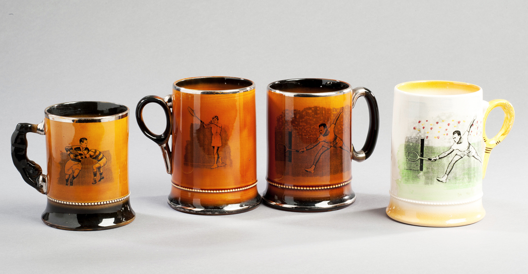 Three pottery tankards with tennis designs from the Royal Bradwell Sports Series, including two