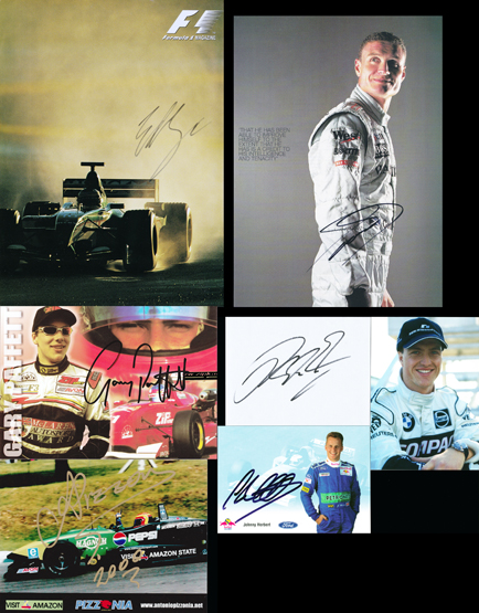 A collection of Formula 1 driver-signed printed cards and ephemera, comprising marker pen signatures