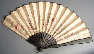 A ladies fan decorated with a racquet scene with children playing shuttlecocks, late 19th century