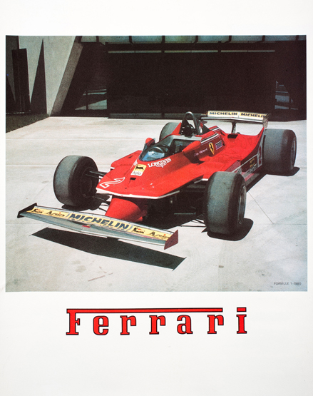 1980 Ferrari Formula 1 poster, a period colour photographic study of the 1980 Ferrari 312T5 number 2