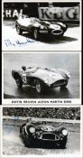 Mike Hawthorn, Peter Collins & Stirling Moss-signed photocards, each signature in blue ink upon a
