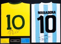 Pele & Maradona signed jerseys presentation, a yellow Brazil international No.10 retro shirt & a