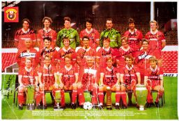 A colour poster signed by Joe Fagan`s last Liverpool team of season 1984-85, fully-signed in black