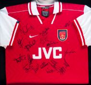 A replica Arsenal home jersey signed by the 1997-98 Double Winning team, 17 signatures in black