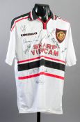 A Manchester United 1998-99 Champions League season replica shirt signed by the club`s 1968 European