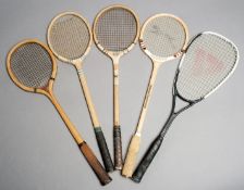 A selected group of five squash racquets to demonstrate the evolution of design from the early 20