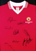 An autographed Manchester United 1977 Silver Jubilee jersey, the red shirt signed in black marker