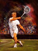 Robert Barnete (1931-2006) TENNIS PLAYER AT WIMBLEDON signed, oil on board, 30.5 by 40.5cm., 12 by