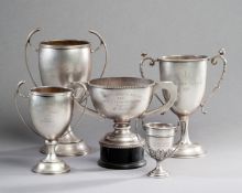 Five 1931-32 Stamford Bridge Speedway silver trophies awarded to Frank Arthur, the first a two-