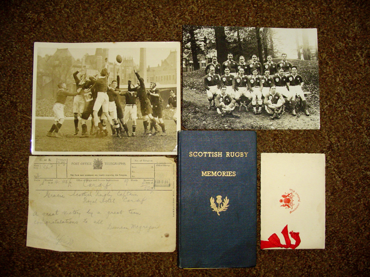 A collection of memorabilia relating to the Harlequins, Manchester and Scotland rugby