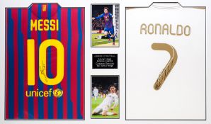 A Lionel Messi and Cristiano Ronaldo signed shirts presentation, A signed Barcelona No.10 and a
