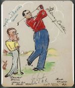 An original coloured caricature by Bert Wright featuring and signed by the golfers Henry Cotton