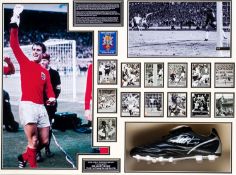A Sir Geoff Hurst signed football boot presentation, comprising a black boot signed in silver marker