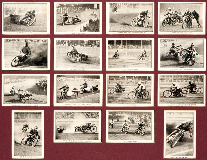 Two framed 1929 sets of Dirt Track Racing cigarette cards, `Thrills of the Dirt Track`, a complete